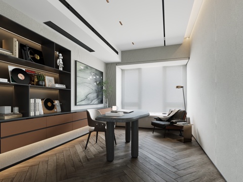  现代书房 意式书房 书柜 摆件 书桌椅3d模型 