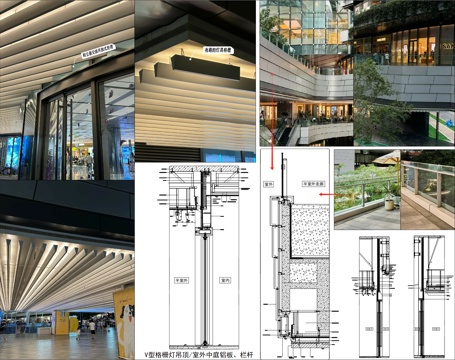 V型格栅灯吊顶-商业街天花吊顶-户外走廊玻璃栏杆cad施工图