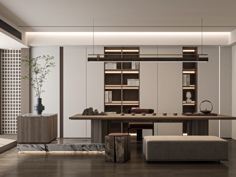 现代新中式茶室 茶桌组合 茶台su模型