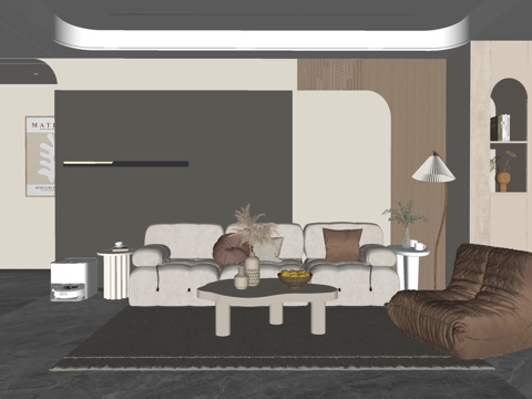 现代风格 家居客厅 大平层客厅 组合沙发su模型