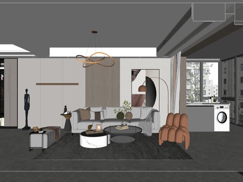 现代风格 家居客厅 大平层客厅 组合沙发su模型