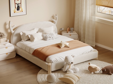 现代奶油风儿童床 床头柜su模型