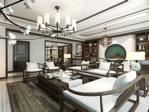  新中式客餐厅   沙发茶几 吊灯 桌面摆件 挂画 电视柜3d模型 