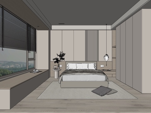 现代风格 家居卧室  落地窗卧室 双人床su模型