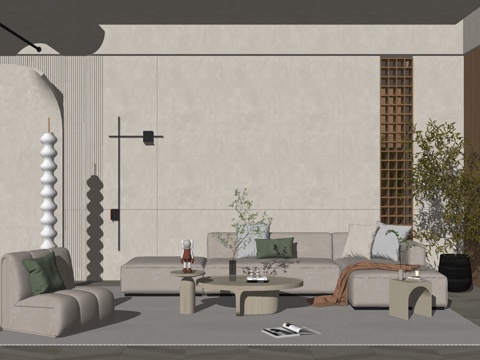 现代风格 家居客厅 大平层客厅 组合沙发su模型