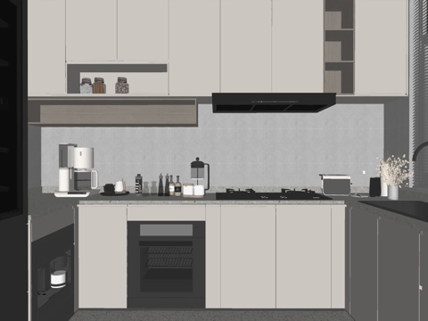 现代风格厨房 橱柜 嵌入式冰箱 岛台餐厅 岛台厨房su模型