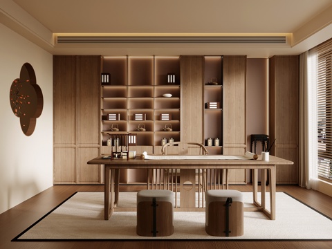 新中式书房 书桌椅 书柜su模型