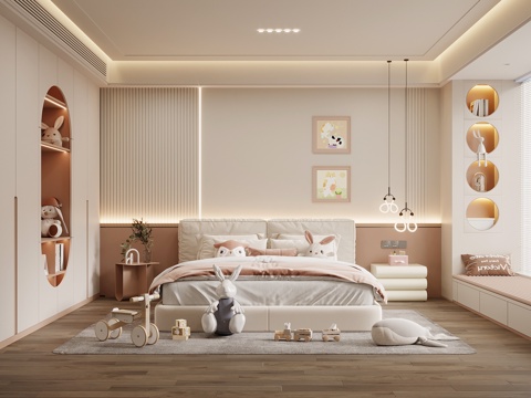 现代简约儿童房 女孩房 双人床 床头柜 衣柜su模型