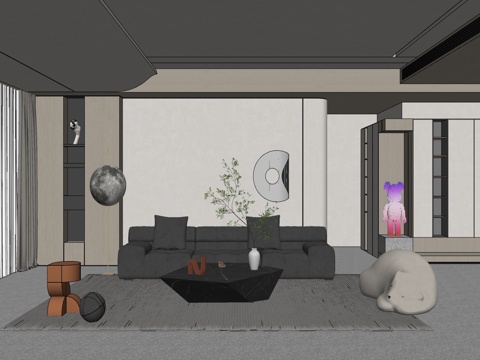 现代风格 家居客厅 大平层客厅 组合沙发su模型