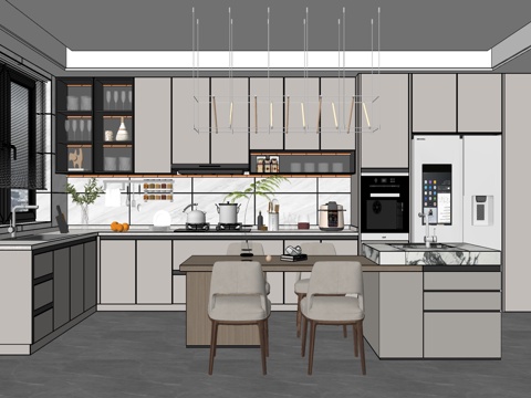 现代风格厨房 橱柜 嵌入式冰箱 岛台餐厅su模型