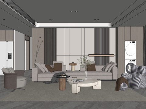 现代风格 家居客厅 大平层客厅 组合沙发su模型