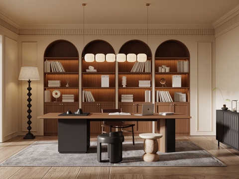 法式复古风书房 书柜 书桌椅su模型