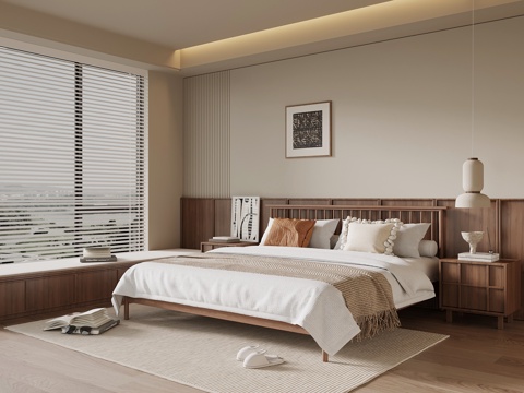 中古风卧室 双人床 床头柜su模型