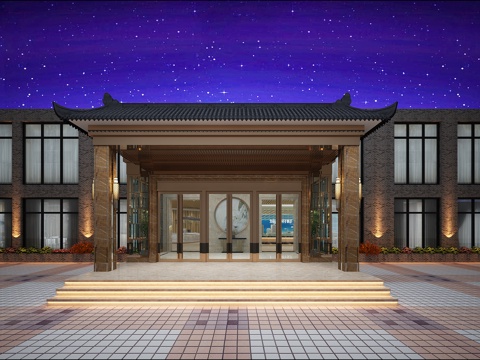  新中式 售楼部 外景 水晶吊灯 拉丝玻璃屏风 隔断 前台3d模型 