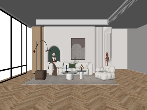 现代风格 家居客厅 大平层客厅 组合沙发su模型