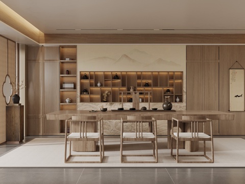 新中式茶室 茶桌椅 茶柜su模型