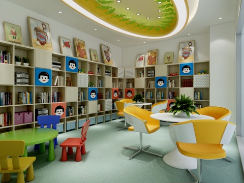 现代幼儿园读书室 阅览室 休闲桌椅 板凳桌椅 卡通书柜3d模型 
