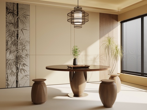  新中式餐厅 餐桌椅 圆桌3d模型 