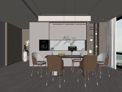 现代风格 家居餐厅 大平层餐厅 组合餐桌椅su模型