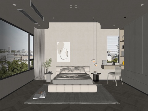 现代风格 家居卧室  落地窗卧室 双人床su模型