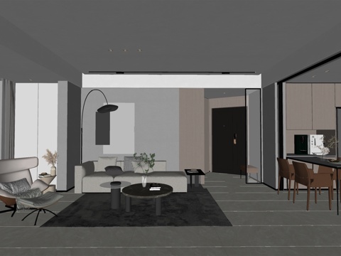 现代风格客厅 餐厅 组合沙发 茶几 装饰画 餐桌椅 餐边柜su模型