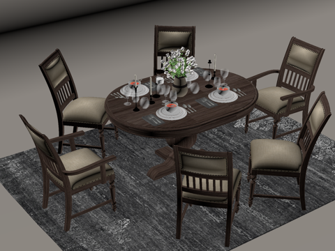 美式餐桌椅 实木餐桌椅su模型