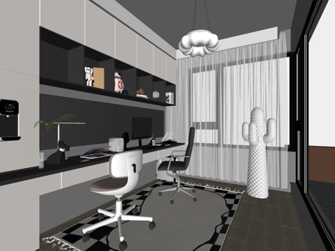 现代风格 家居茶室 大平层书房 书柜书桌组合 茶桌椅组合 博su模型