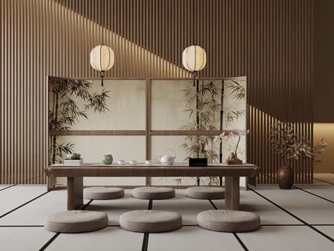 新中式茶室 茶台 茶桌椅su模型