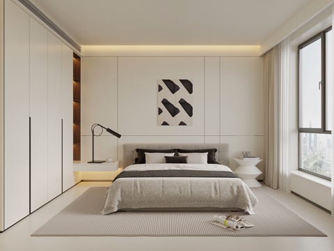 现代极简卧室 双人床 衣柜su模型