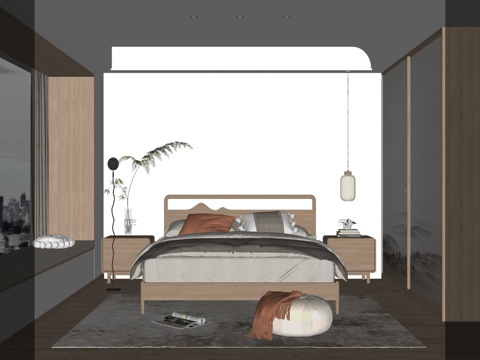 新中式风格 家居卧室  落地窗卧室 双人床su模型