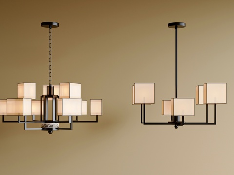 新中式中式吊灯 宋式风吊灯 吊灯组合 装饰灯su模型