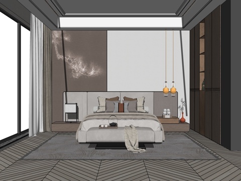 现代风格 家居卧室  落地窗卧室 双人床su模型