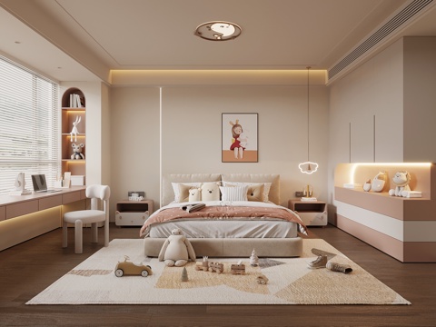 现代简约儿童房 女孩房 双人床 床头柜 衣柜su模型