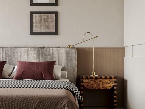 现代复古双人床  床头柜su模型