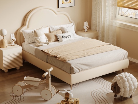 现代奶油风儿童床 床头柜su模型