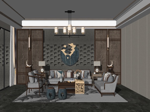 新中式风格 家居客厅 大平层客厅 组合沙发su模型