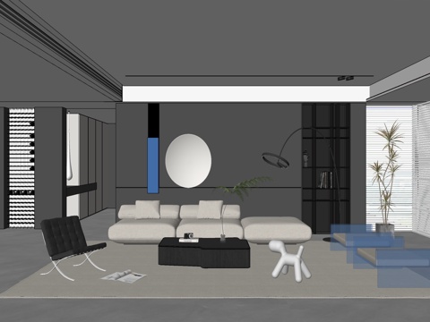 现代风格 大平层客厅 别墅复式客厅 组合沙发su模型