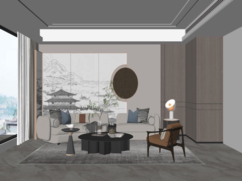 新中式风格 家居客厅 大平层客厅 组合沙发su模型