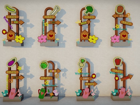 现代卡通可爱蔬菜插牌果蔬立牌指示牌招牌手举牌su模型