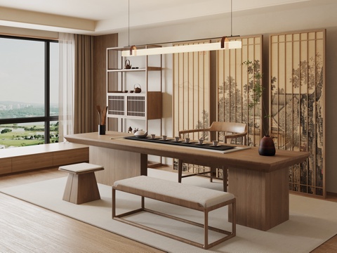 新中式茶室 茶桌椅su模型