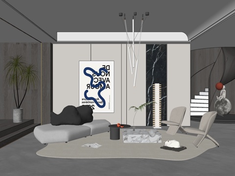 现代风格 家居客厅 大平层客厅 组合沙发su模型