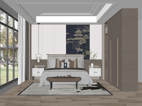 新中式风格 家居卧室  落地窗卧室 双人床su模型