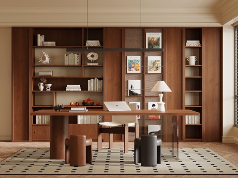 中古风书房 书柜 书桌椅su模型