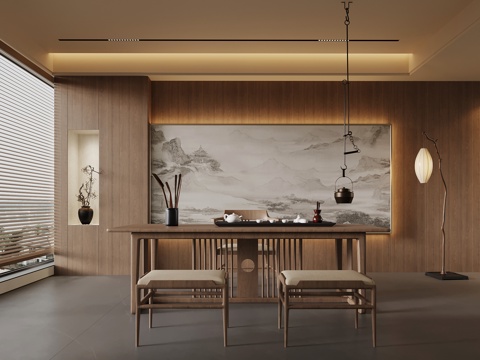 新中式茶室 背景墙 茶桌椅su模型