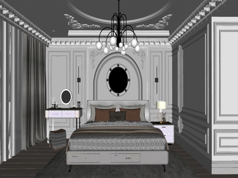 现代风格 家居卧室  落地窗卧室 双人床su模型