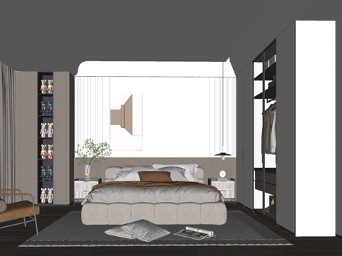 现代风格 家居卧室  落地窗卧室 双人床su模型