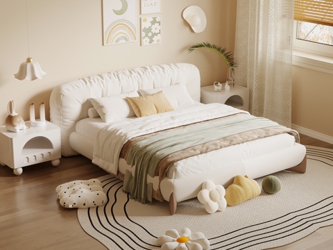 现代奶油风儿童床 床头柜su模型