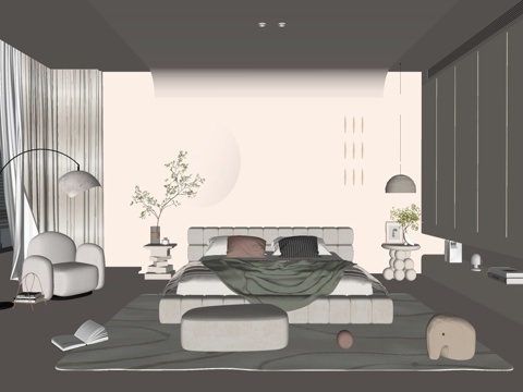 现代风格 家居卧室  落地窗卧室 双人床su模型