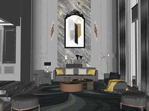 现代风格客厅 组合沙发 茶几 装饰画 别墅客厅 挑空客厅su模型