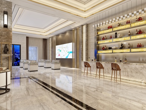  新中式售楼处售楼部大厅沙盘水吧台背景墙3d模型 